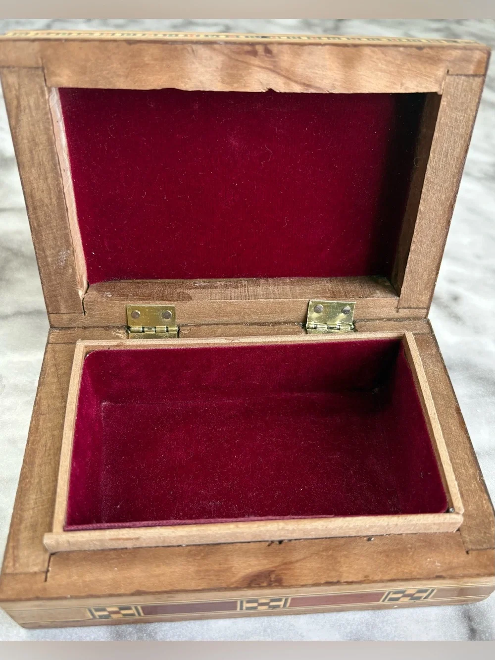 Vintage Geometric Mosaic Inlaid Wood Jewelry Box Red Velvet
